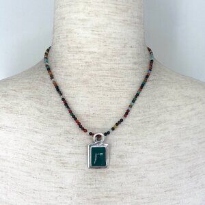 Sterling Silver 925 Multicolor Beaded Green Chrysoprase Pendant Necklace 18"